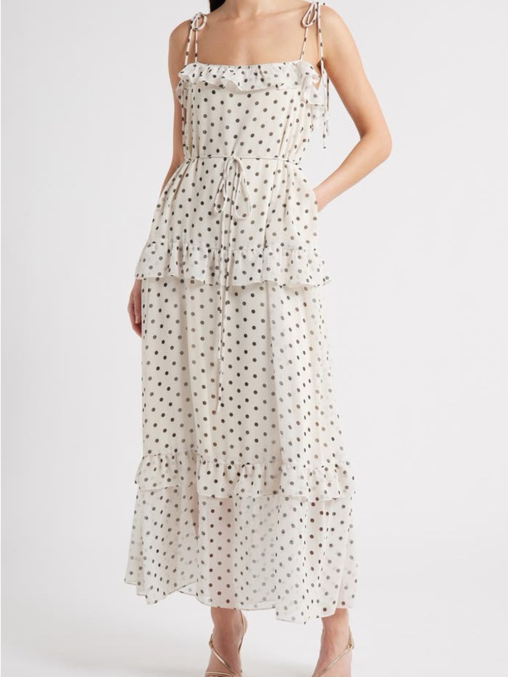 julia jordan Ivory Maxi Dress with Black Polka Dots and Ruffle Tiers